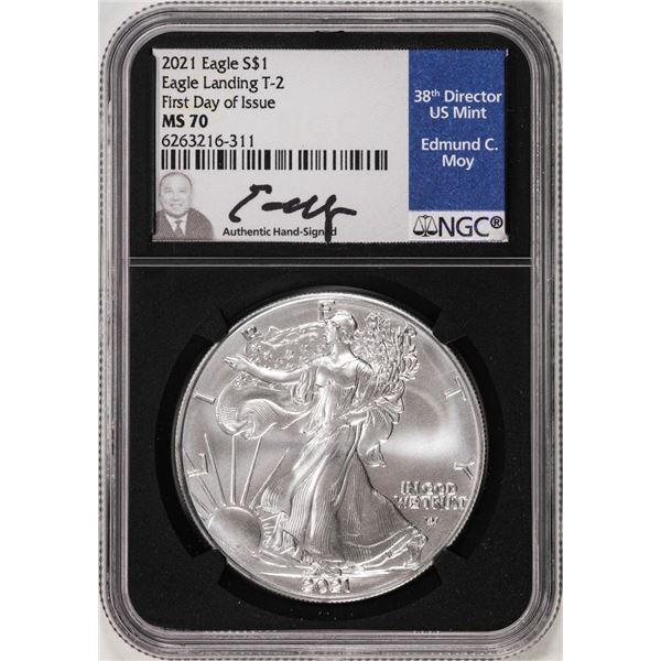 2021 Type 2 $1 American Silver Eagle Coin NGC MS70 FDOI Edmund Moy Signature