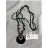 Image 1 : Black Onyx Stone Disc Pendant w/ Chinese Coin + Beads Necklace