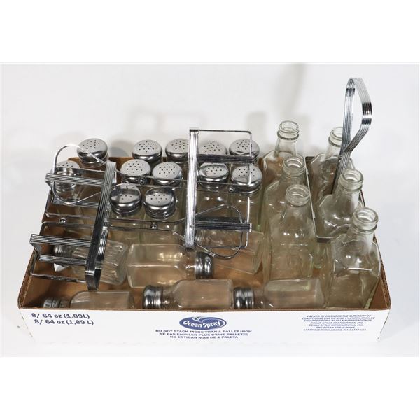 FLAT OF SALT AND PEPPER SHAKERS AND VINEGAR