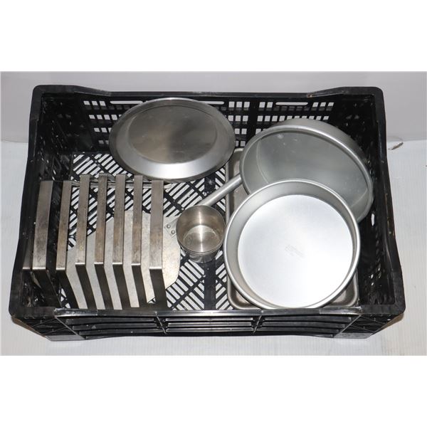 CRATE OF ASSORTED PANS, FLIPPER, AND MORE
