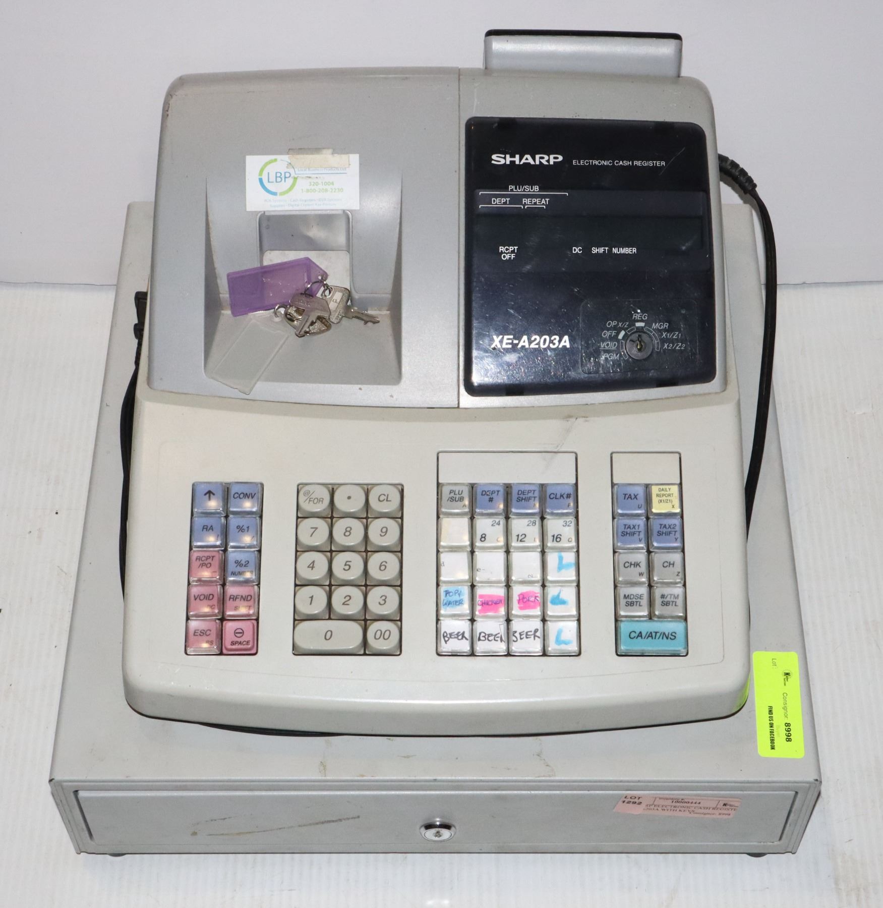 Sharp Cash Register Keyboard SHARP ELECTRONIC CASH REGISTER XE-A203A WITH KEYS