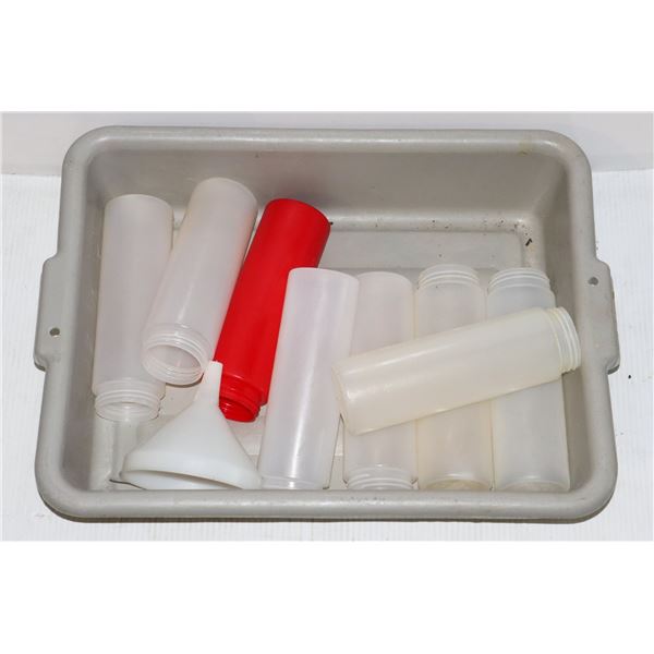 BUS PAN FULL OF CONDIMENT CONTAINERS, NO LIDS