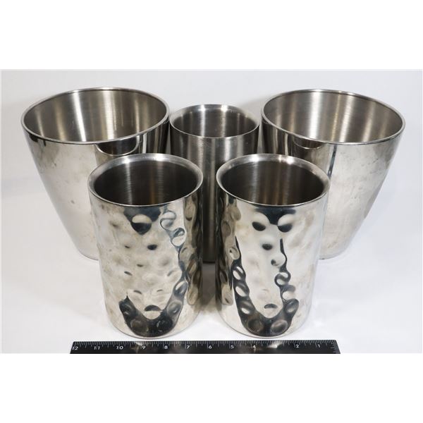 MILK CRATE FULL OF STAINLESS STEEL VASES AND