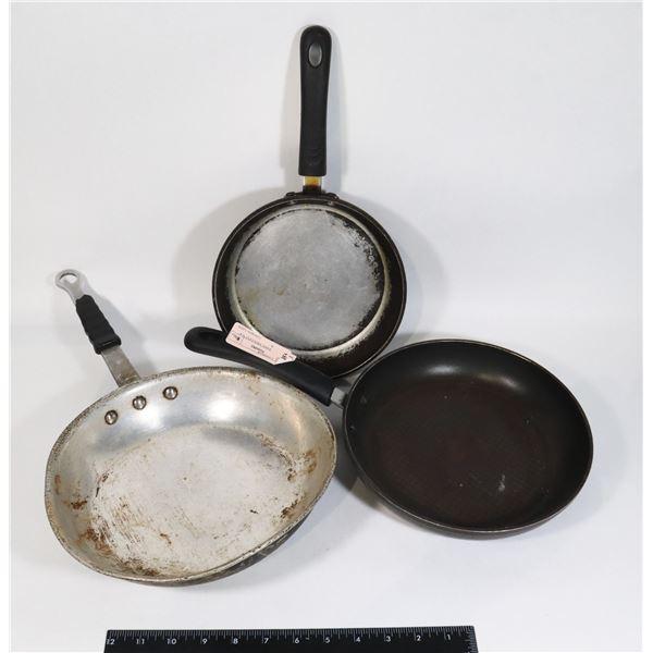 3 FRYING PANS, SMALLEST IS 8" DIAMETER