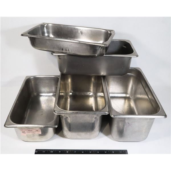 LOT OF 5 ASSORTED DEPTH STAINLESS STEEL 1/3 SIZE