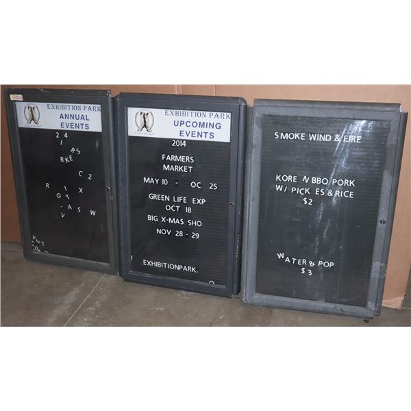 3 ENCLOSED SIGNBOARDS WITH SOME LETTERS ECT