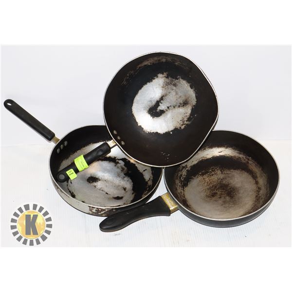 3 WOK PANS (APPROX 11" DIAMETER)