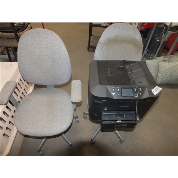 2 Grey Office Chairs & Cannon Printer