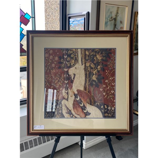 Antique English Tapestry Framed Unicorn 27 x 27