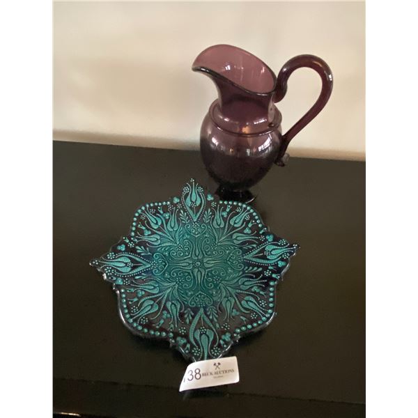Purple Glass Jug 9T & Porcelain Decorative Plate