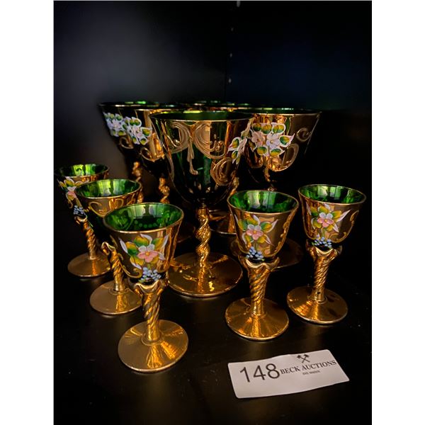 Hand Painted Green And Gold Glass StemWare