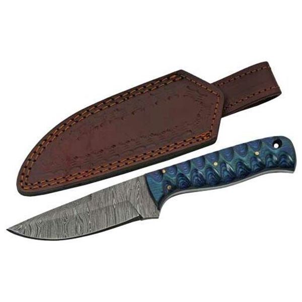 SZCO RITE EDGE 4" BLUE TWISTED WOOD HUNTER DAMASCUS W/SHTH