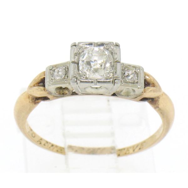 Antique Victorian 14k Two Tone Gold Cushion Old Mine Cut Diamonds 3 Stone Ring