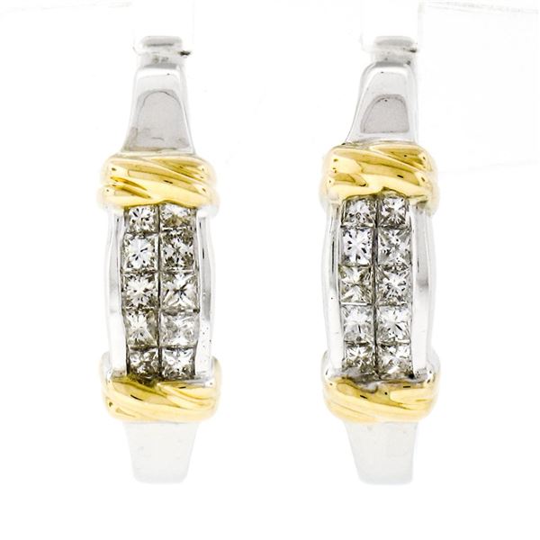 14K White Gold 0.75 ctw Princess Cut Invisible Set Diamond Huggie Hoop Earrings