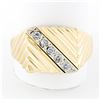 Image 1 : Men's Vintage 14k Yellow Gold .20 ctw Diagonal Pave Diamond Wide Ribbed Band Rin