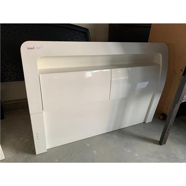 White High Gloss Queen SIze Headboard with Display Shelf & 2 Storage Cubbies