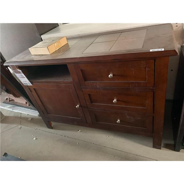 Tile Top 3 Drawer, 1 Cupboard and 1 Shelf Wooden Hutch - Drawer Pulls Inside