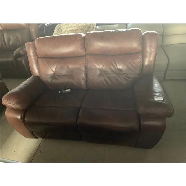 Rawhide Brown Leather Double Seat electric Power Reclining Loveseat