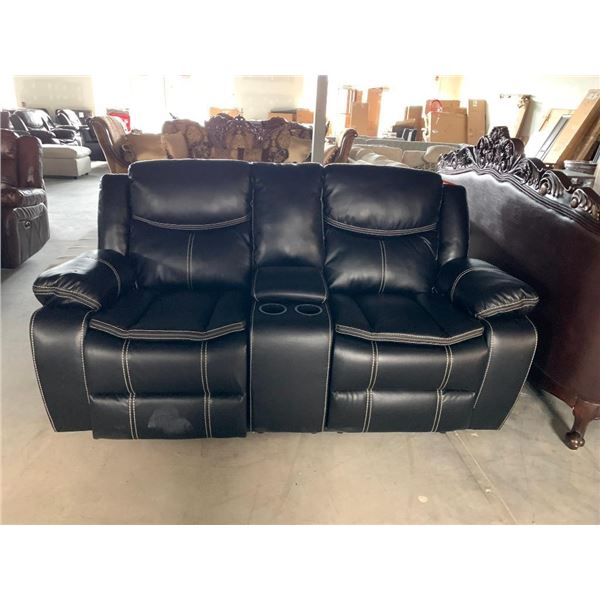 Black Stitched Leather Large double Seat Home Theater Power Reclining Loveseat