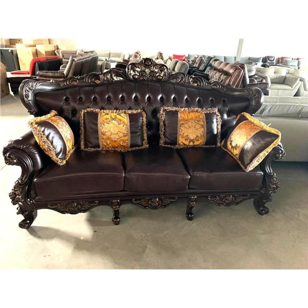 Ornate Carved Wood 3 seat Leather Livingroom Sofa with cushions