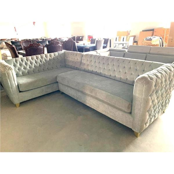 Grey Upholstered Quilted L Shaped Living room Sectional Sofa