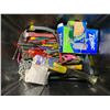 Image 2 : BIN OF ASSORTED SMALL HAND TOOLS, BIN OF VARIOUS WHITE SERVING DISHES, & BLUE SUITCASE OF HOUSEHOLD