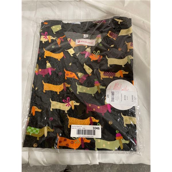 Women's White Cross Dog Pattern Scrub Top Colour: Black Size: Small