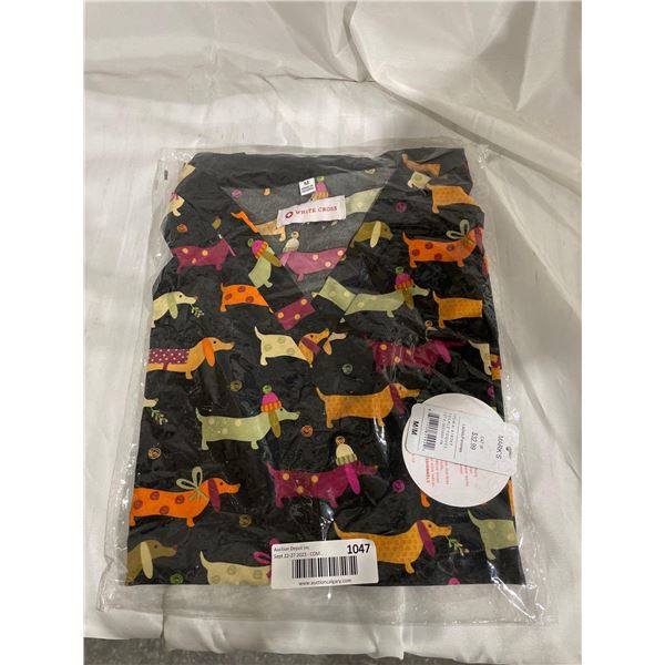 Women's White Cross Dog Pattern Scrub Top Colour: Black Size: Medium