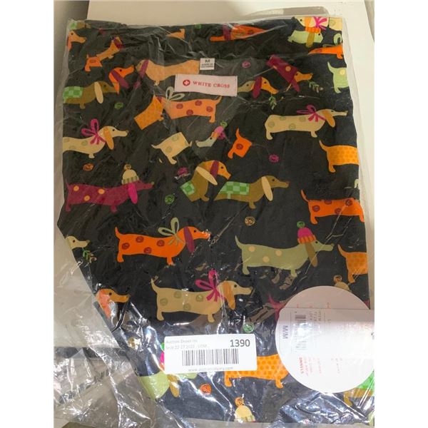 White Cross V Neck Scrubs  Ladies Medium Dog Print