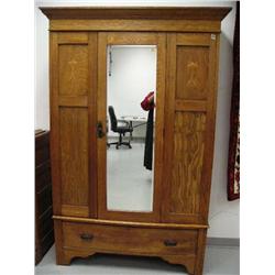 Art Nuveau, English Oak Wardrobe with beautiful inlay, beveled mirror, comes in 3 pieces for easy mo
