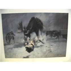 Signed and Numbered Print Image Size 17" x 24" 364/850 by Russel A. Fink, Wolf Pack with Bull Moose