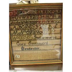 Alphabet and Number Sampler, signed Clara Southmayd Pendexter 13" x 12"
