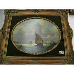 Original Oil: Fishermen Pulling Nets, with Sailboats in Background off of Holland Coast, Signed Mill