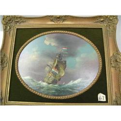 Original Oil Signed  Spanish Man of War at Sea in Heavy Gale signed Mulser?