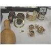 Image 1 : Lot of 2 African wood carved masks, wooden sock darner, napkin rings, bracelet, & miniature tea set 