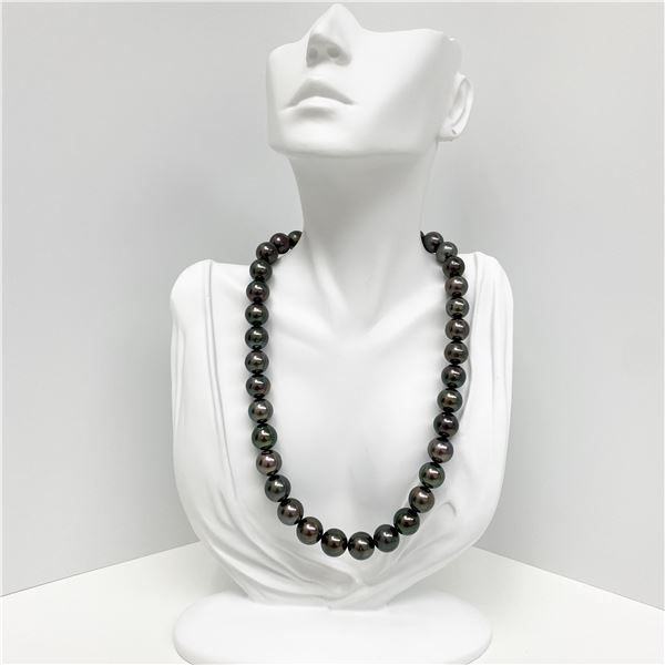 11-12mm Tahitian Dark Green Round/Near-Round Pearl Necklace with Gold Clasp