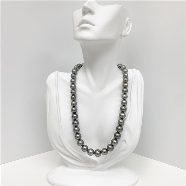 9-12mm Tahitian Silvery Green Round Pearl Necklace with Gold Clasp