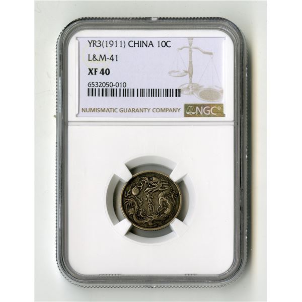 China: Republic of China. 10 Cents, Year 3(1911), L&M-41, NGC XF 40