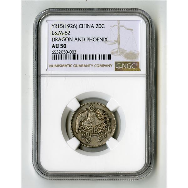 China: Republic of China. 20 Cents, Year 15(1926), L&M-82, "Dragon and Phoenix", NGC AU 50