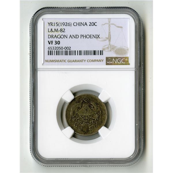 China: Republic of China. 20 Cents, Year 15(1926), L&M-82, "Dragon and Phoenix", NGC VF 30