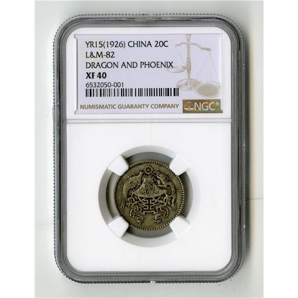 China: Republic of China. 20 Cents, Year 15(1926), L&M-82, "Dragon and Phoenix", NGC XF 40