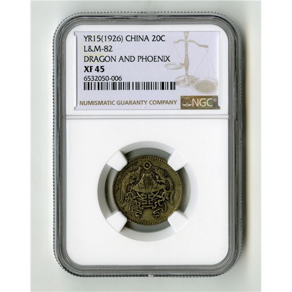China: Republic of China. 20 Cents, Year 15(1926), L&M-82, "Dragon and Phoenix", NGC XF 45
