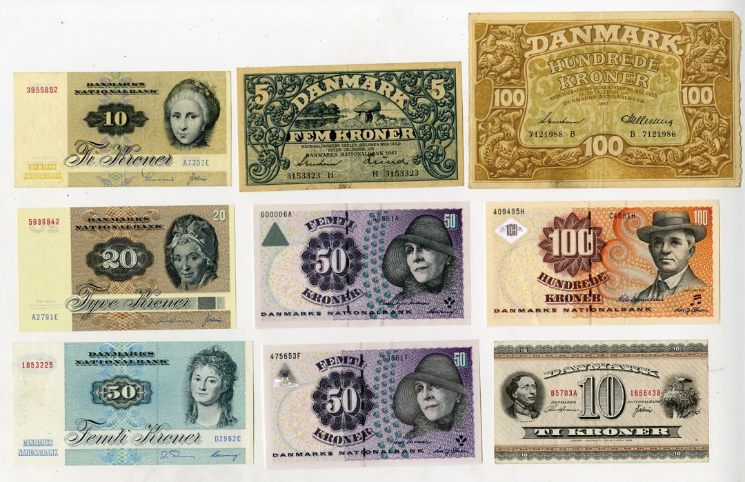 Denmark Old Banknotes Danmarks National Bank, 1942-2006, Assortment of Issued Banknote