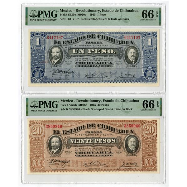 Mexico, Estado de Chihuahua, 1915, Lot of 2 Issued Banknotes, Including a  Top Pop  Note.