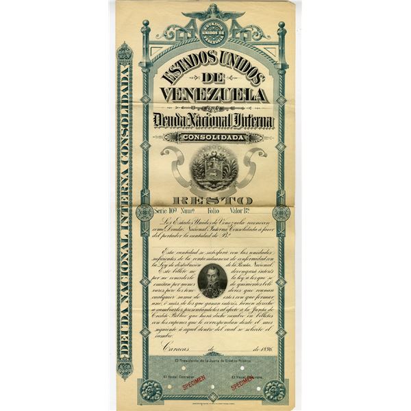 Estados Unidos de Venezuela, Deuda Nacional Interna Consolidada, 1896, Specimen Bond