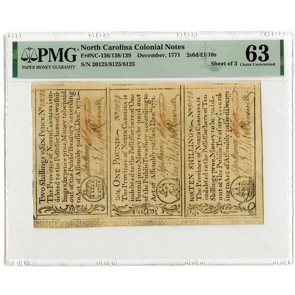 Province of North Carolina, December, 1771, Issued Uncut Sheet of 3 Colonial Banknotes.