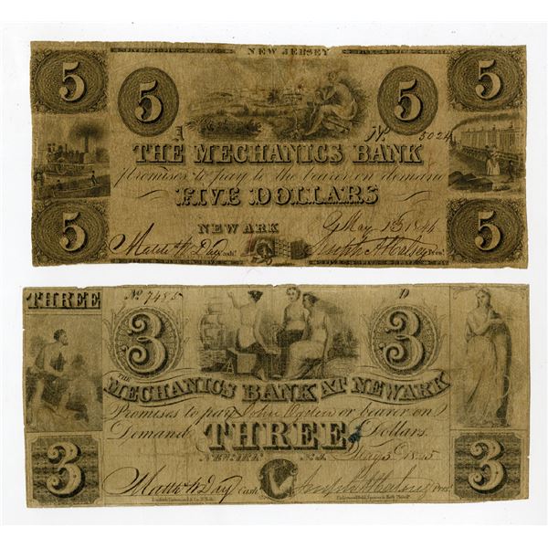 Mechanics Bank at Newark and Mechanics Bank, 1845 and 1846, Obsolete Banknote Pair