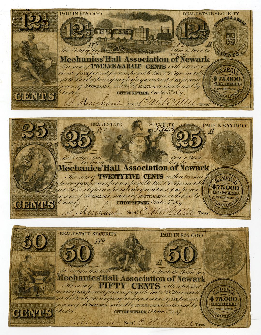 Mechanics' Hall Association, 1837, Obsolete Scrip Note Trio, All with ...