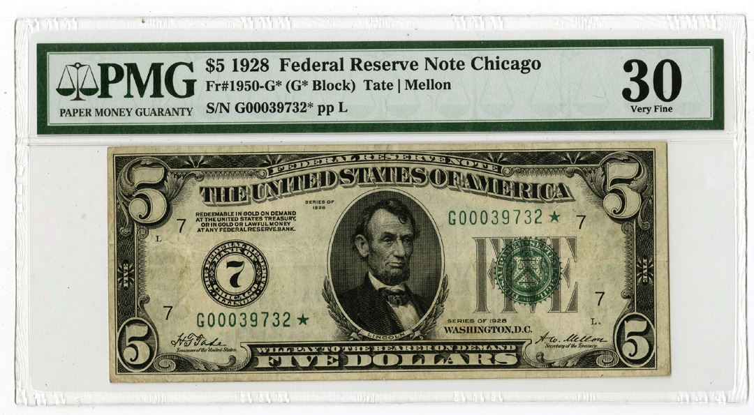 Federal Reserve Note, Chicago, Series of 1928, $5, Fr.1950-G ...