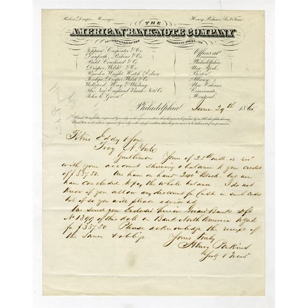 Victorian Intaglio Note American Bank-Note Co. 1860 Handwritten Letter on Intaglio Printed ...